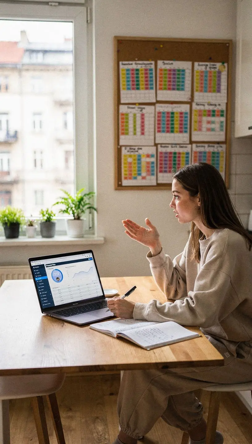 Mosolygó személy, aki sikeresen elérte megtakarítási célját, miközben pénzügyi naplót tart a kezében.