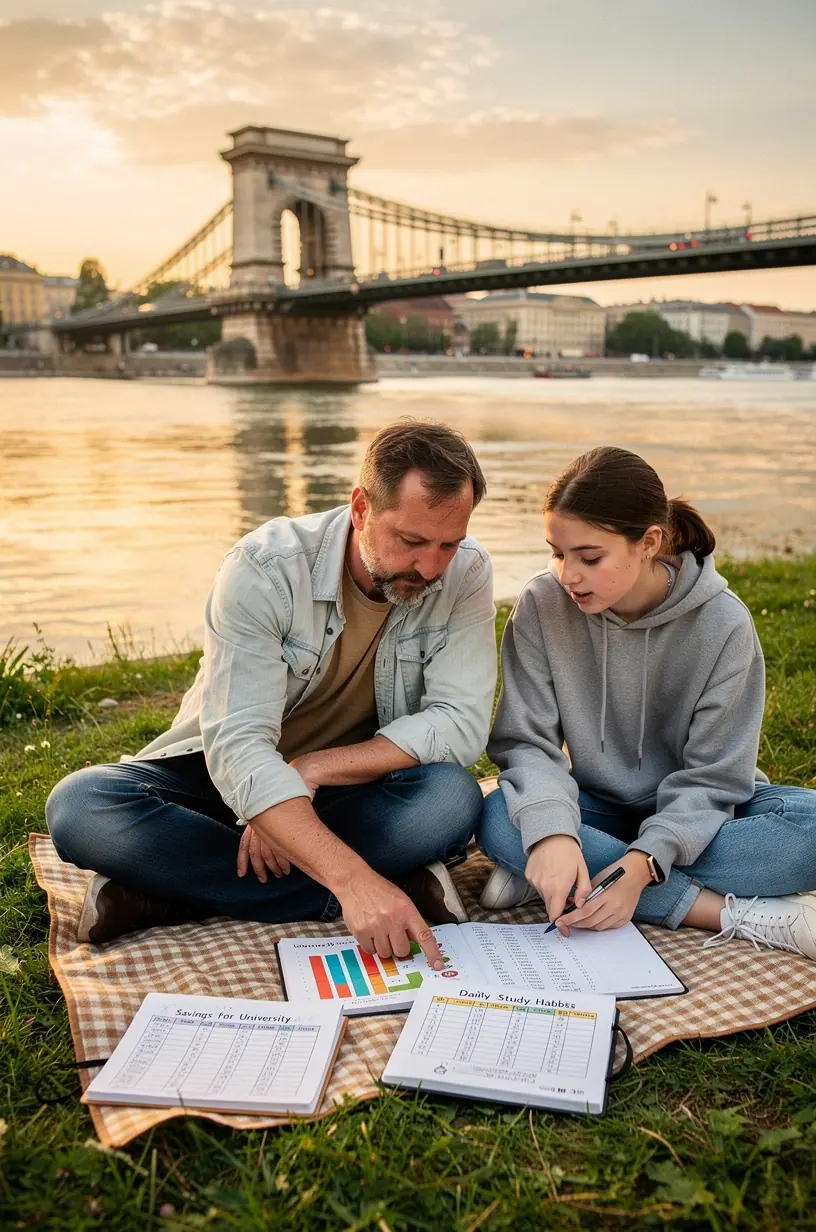 Személyes pénzügyi napló és megtakarítási célok vezetése írás közben.